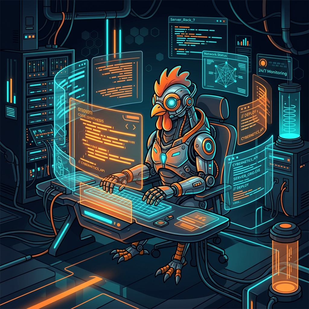 Mascota robótica de PolloPaco Labs programando en un laboratorio cibernético futurista